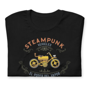 Samarreta steampunk vehicles, negra plegada.
